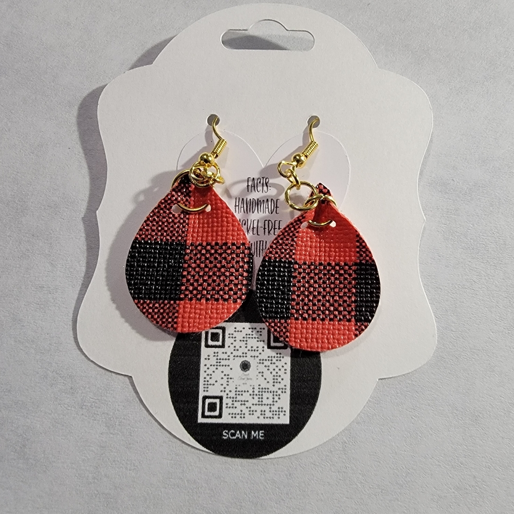 Black/Red Buffalo Plaid Faux Leather Earrings 1.5"